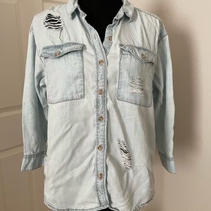 F21 Distressed Denim Button Up, Size S